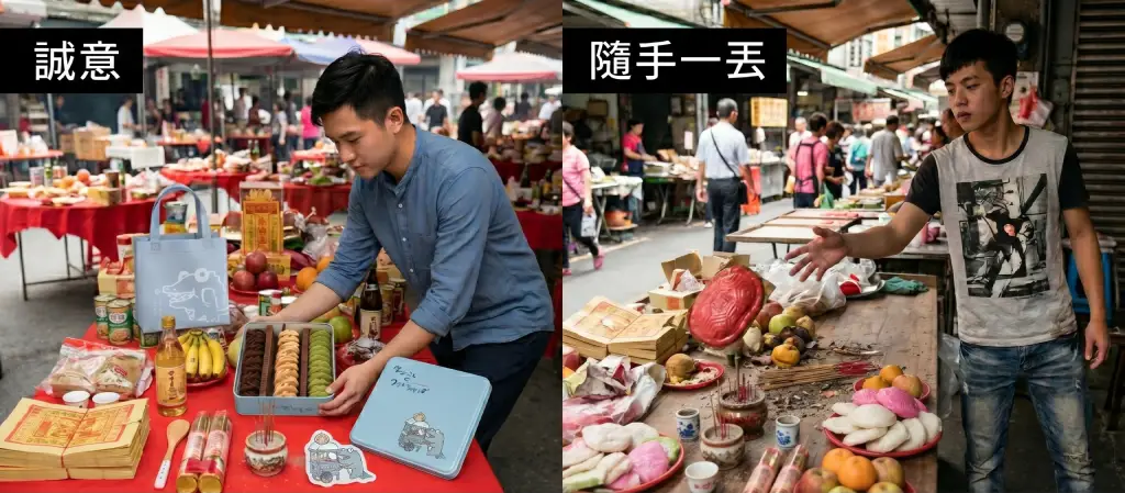 拿著一盒法式 曲奇 ,恭恭敬敬地擺上去,跟你拿著一顆紅龜粿隨手一丟,哪個更有誠意?